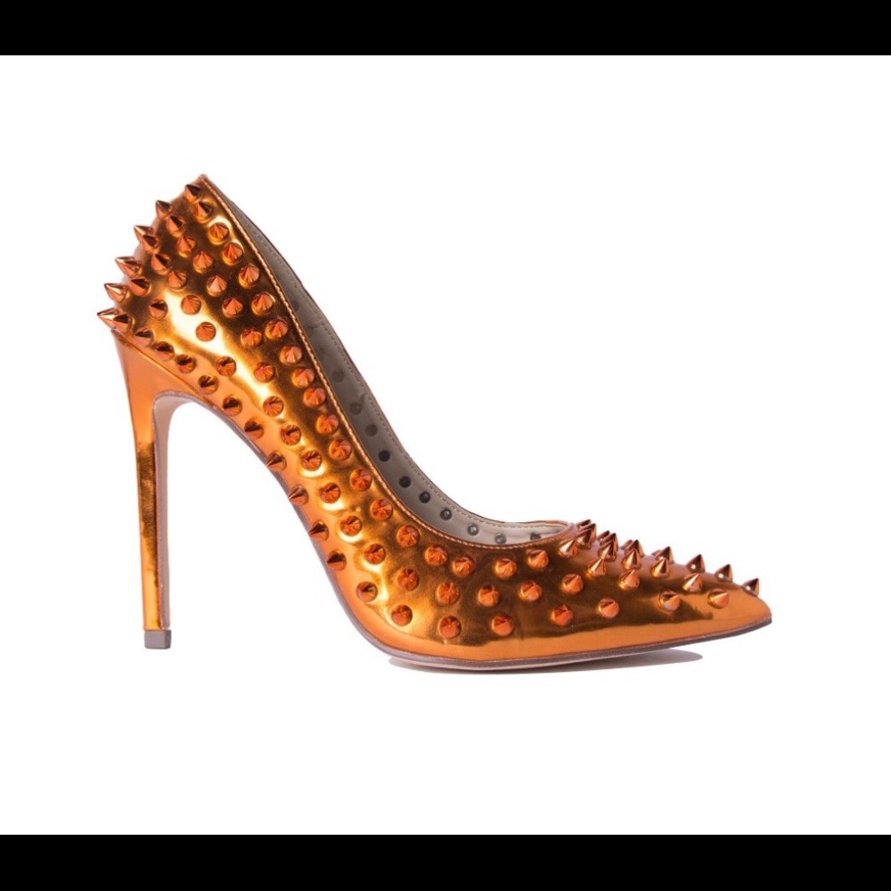 Akira Metallic Orange Spike Heels